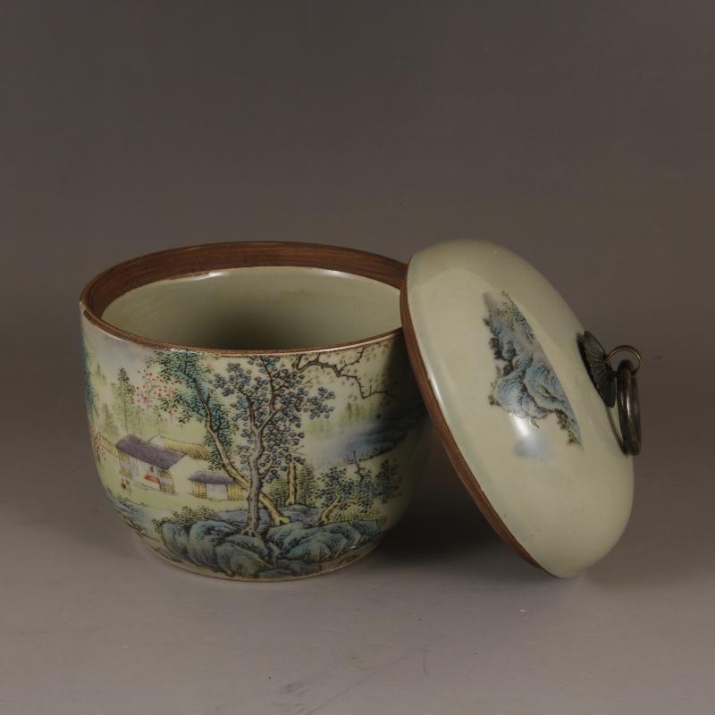 Landscape Lid Jar Tea Jar Antique Antique Porcelain Decoration
