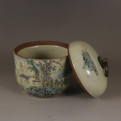 Landscape Lid Jar Tea Jar Antique Antique Porcelain Decoration