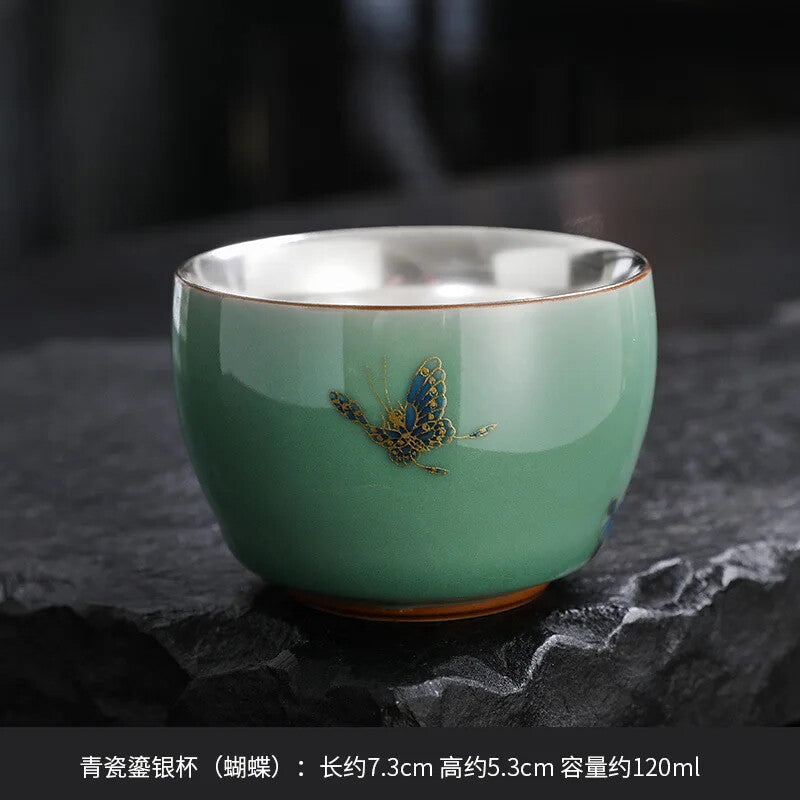 120ml Chinese Silver Gilding Ceramic Teacup Ancient Water Cup Master Tea Bowl