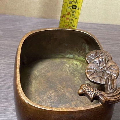 4" China Retro Solid Copper Lotus Leaf Goldfish Incense Burner Ashtray Ornament