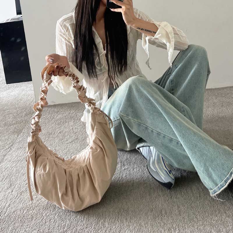 Drawstring Strap Shoulder Bag Pleated Handbags Large Cloth Totes Underarm Bags