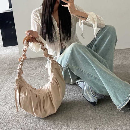 Drawstring Strap Shoulder Bag Pleated Handbags Large Cloth Totes Underarm Bags