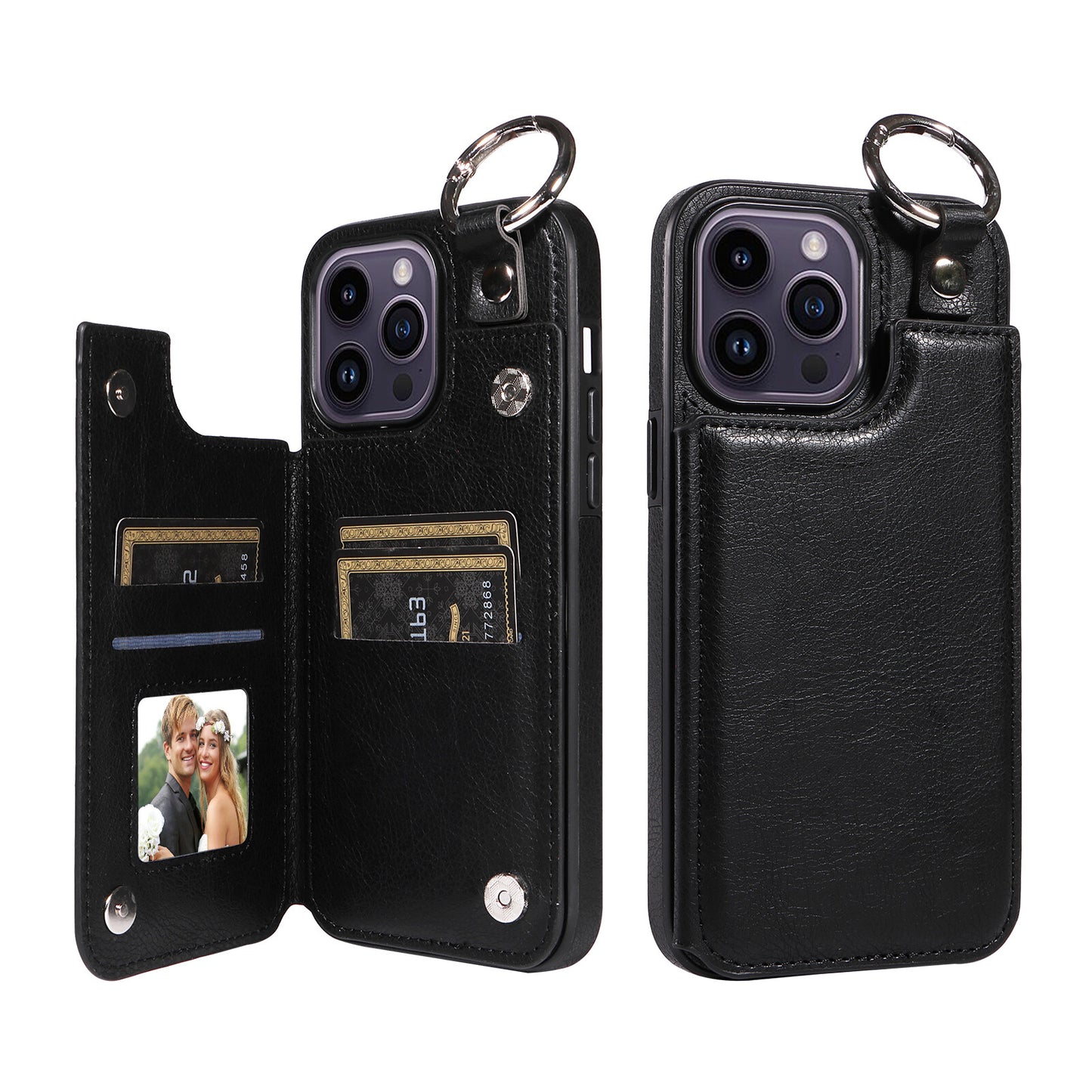 For iPhone 15 14 13 12 11 Pro Max Wallet Case with Card Holder Ring Buckle Cover