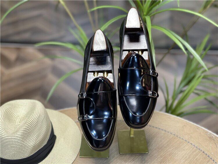 Men Loafers Leather Round Toe Low Heel Double Buckle Business Dress Shoes
