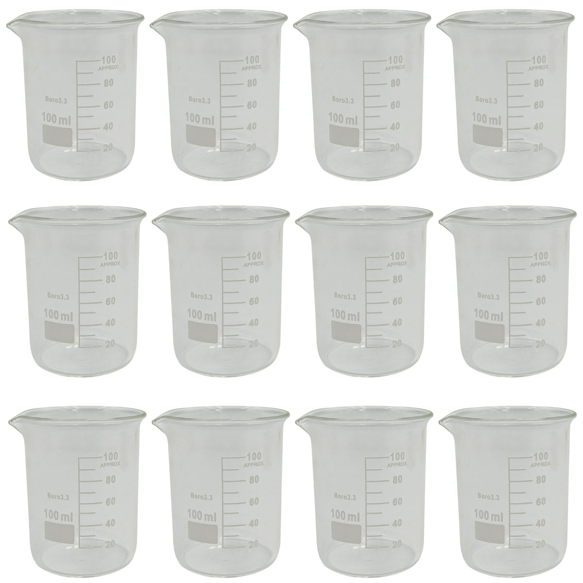 12 Pack 100mL Beakers w/ Pour Spout, Borosilicate Glass, 2.09" Dia. x 2.85" Tall