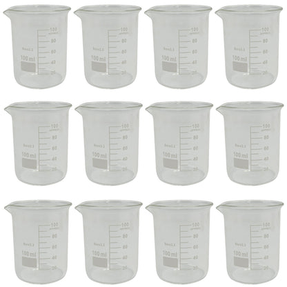 12 Pack 100mL Beakers w/ Pour Spout, Borosilicate Glass, 2.09" Dia. x 2.85" Tall