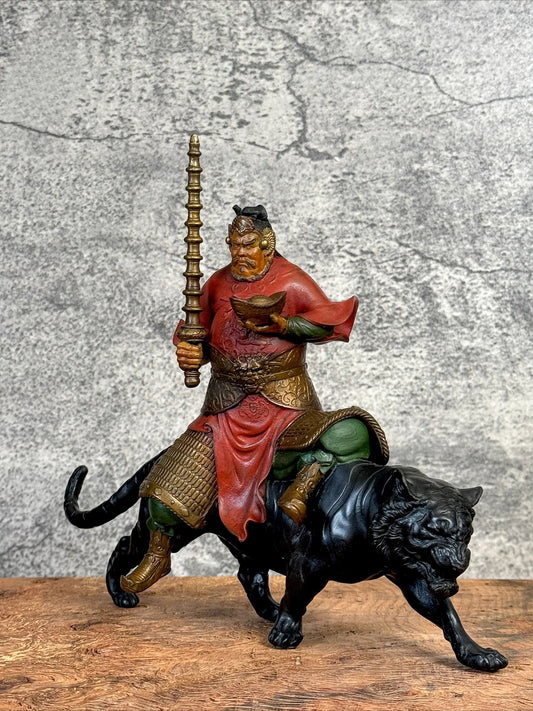 Brass Chinese Zhao Gongming Statue Taoism Marshal God Wealth Fortune Home Decor