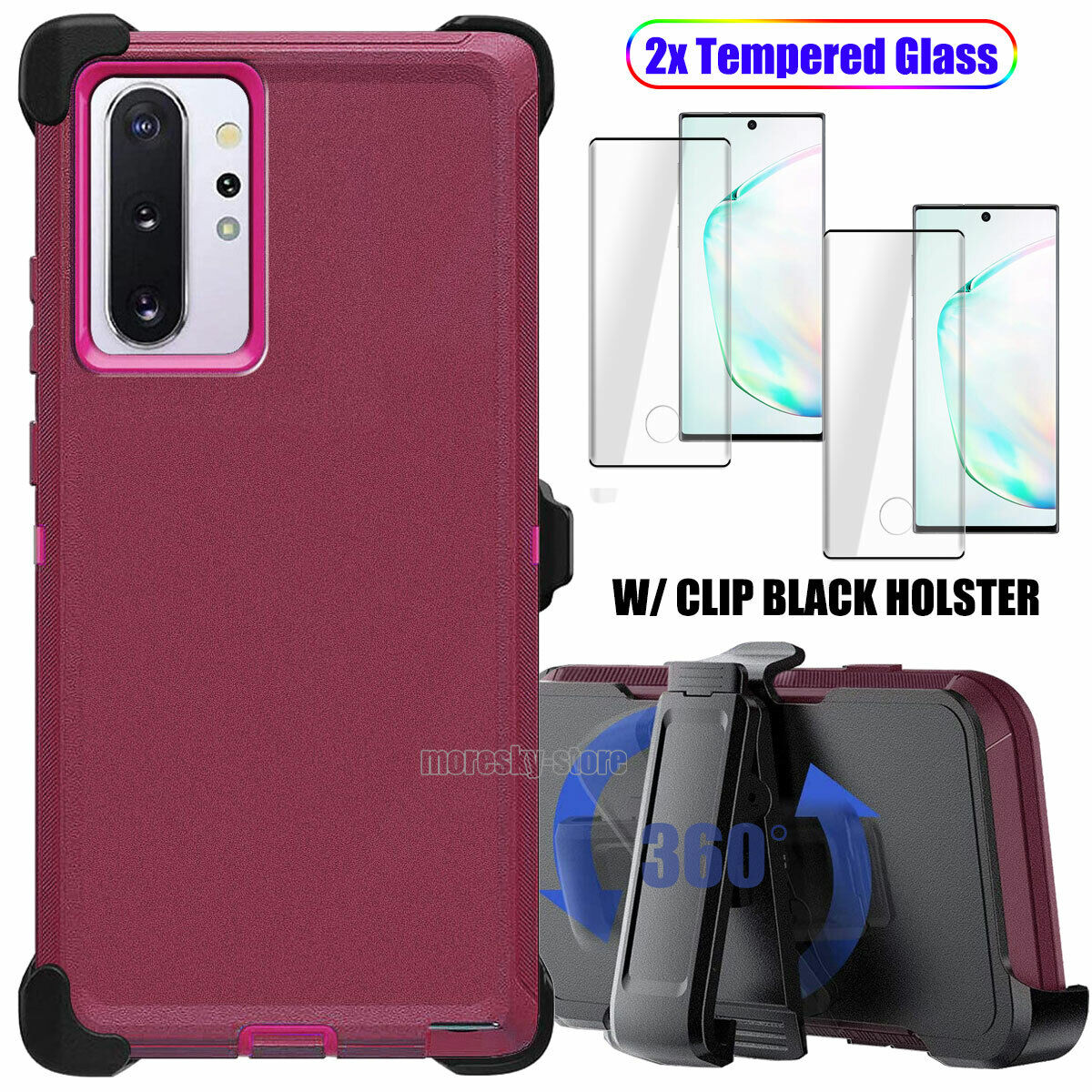 For Samsung Galaxy Note10 Plus 5G Case Impact Clip Holster Cover, Tempered Glass