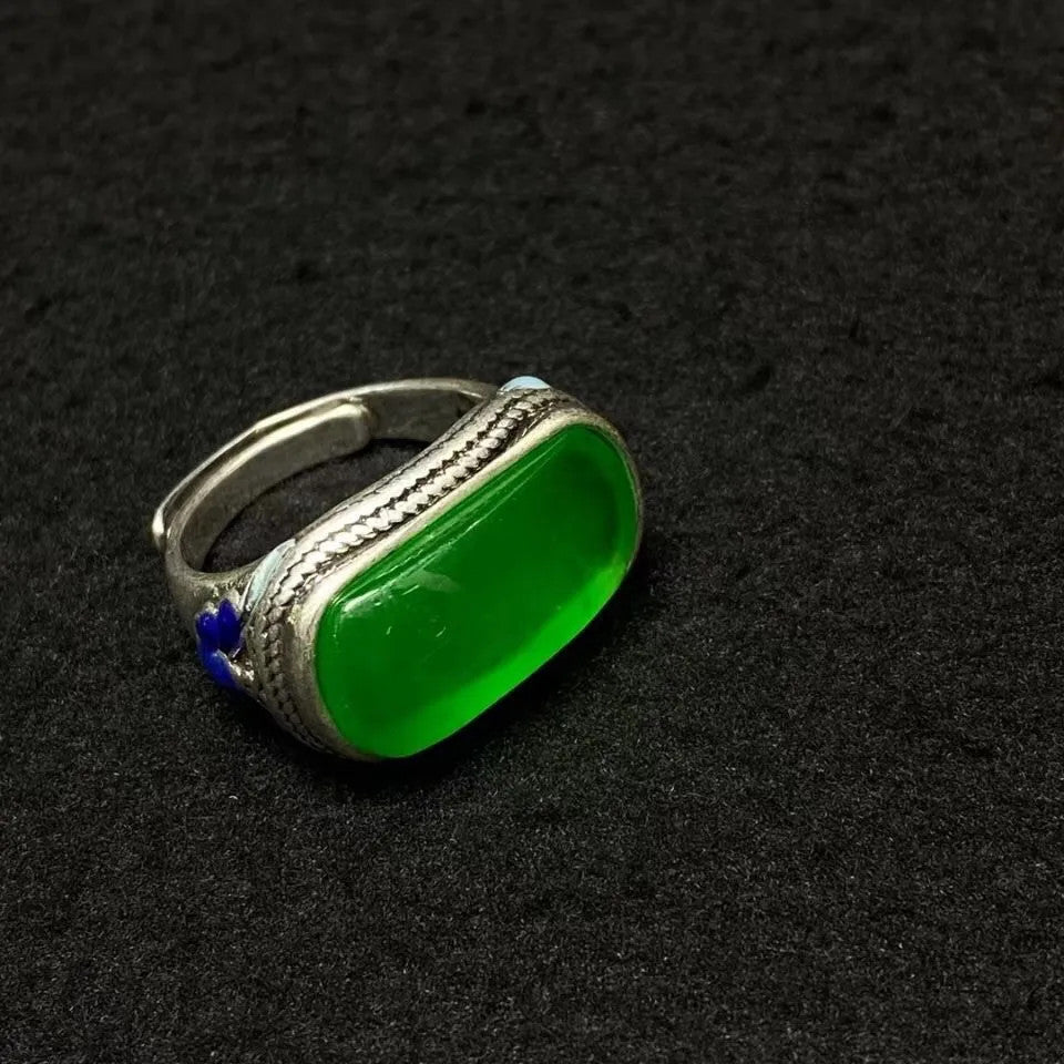 1Pc Tibetan Silver Inlaid Natural Jade Ethnic Style Ring Ring