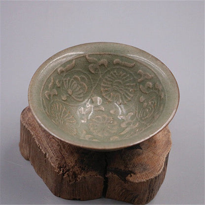 Chinese Song Yaozhou Kiln Celadon Glaze Porcelain Carved Flowers Bowl 4.1 Inch