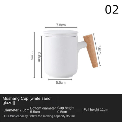 Mug 350ml Ceramic Wood Teacups W/ Lid & Filter Tea Separation Large Capacity Cup