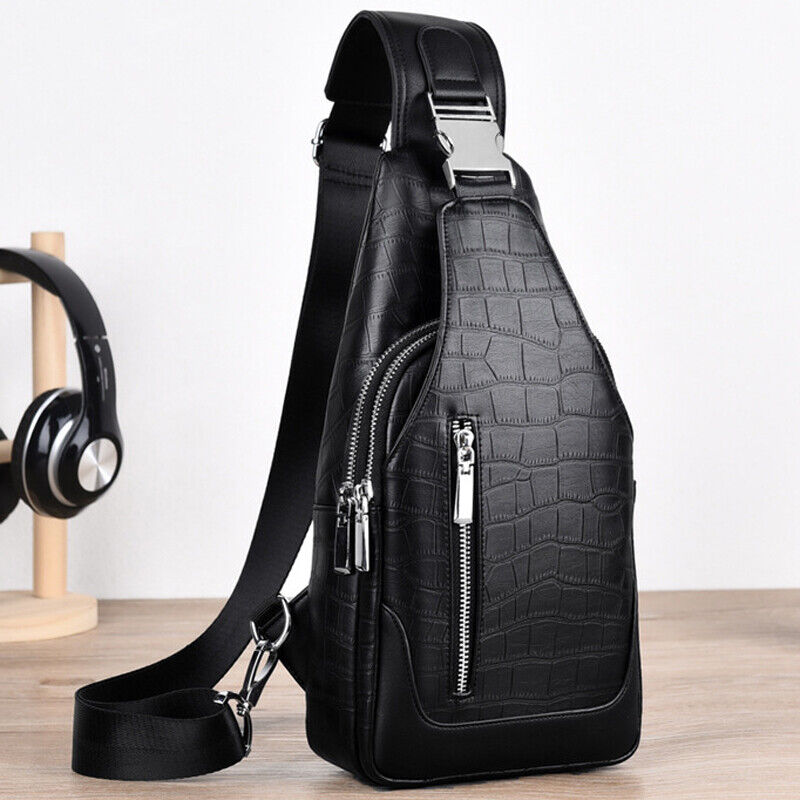 Men's Sling Backpack 100% Genuine Leather Crocodile Crossbody Chest Bag Daypack