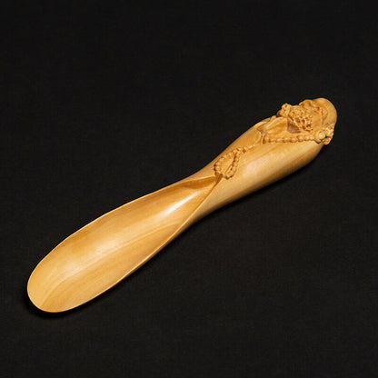 16 CM Long Carved Boxwood Carving Tea Scoop Spoon: Damo