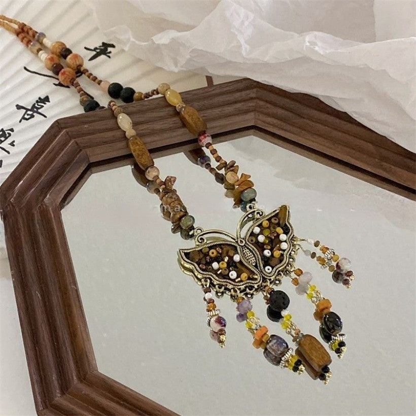 Natural Stone Butterfly Necklace Bohemian Retro Chinese Style Women Handmade