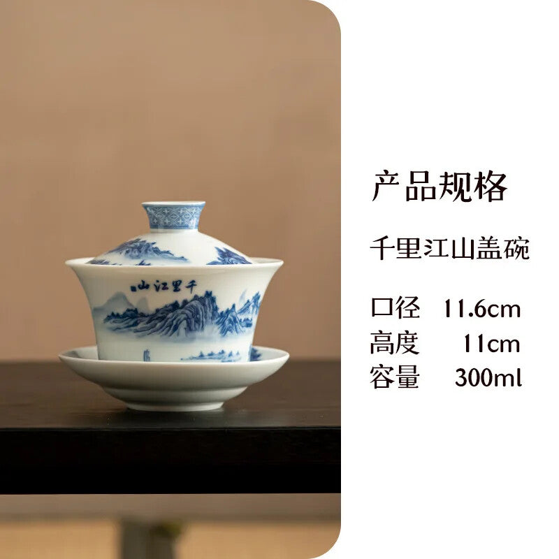 Teaware with Blue and White Gaiwan,Saucer Tea Tureen, Chinese Tea Maker Cover