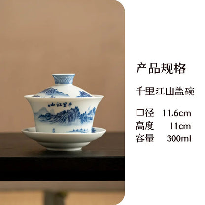 Teaware with Blue and White Gaiwan,Saucer Tea Tureen, Chinese Tea Maker Cover