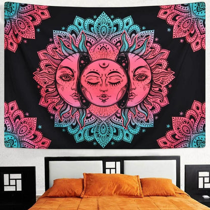 Psychedelic Tapestry White Black Sun Moon Mandala Wall Hanging Celestial Hippie