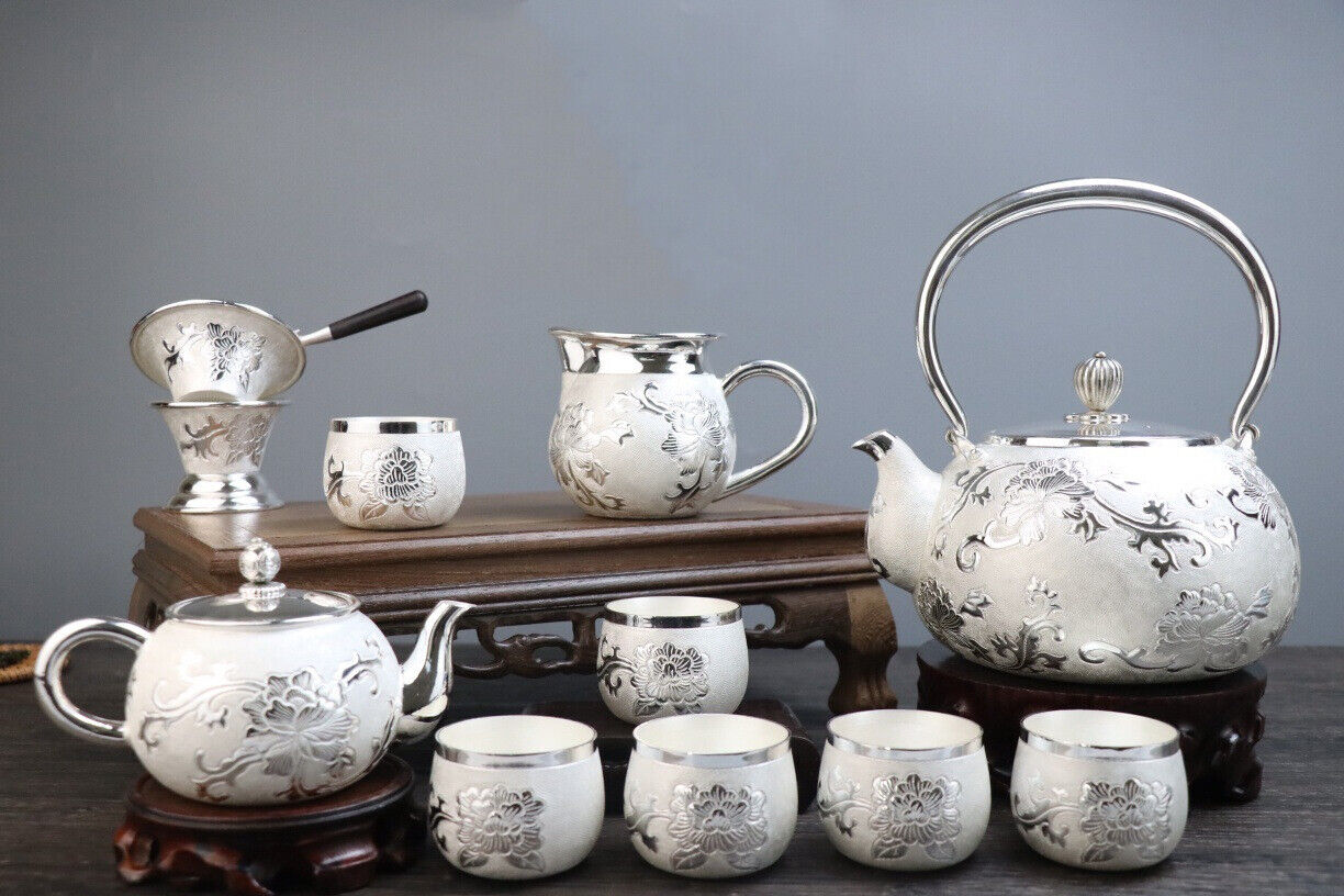 Sterling Silver Tea Set Stove Kettle Tea Pot Tea Cups 100% 999 Silver Snowflake