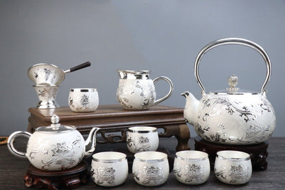 Sterling Silver Tea Set Stove Kettle Tea Pot Tea Cups 100% 999 Silver Snowflake