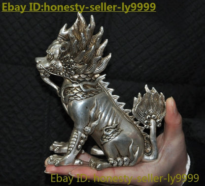 5.8" China Tibetan Silver Exorcize Kylin Kirin Chi-Lin Kilin Qilin Animal Statue