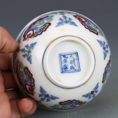 Chinese Ming Chenghua Blue and White Doucai Porcelain Lucidum Teacup Cup 3.54"