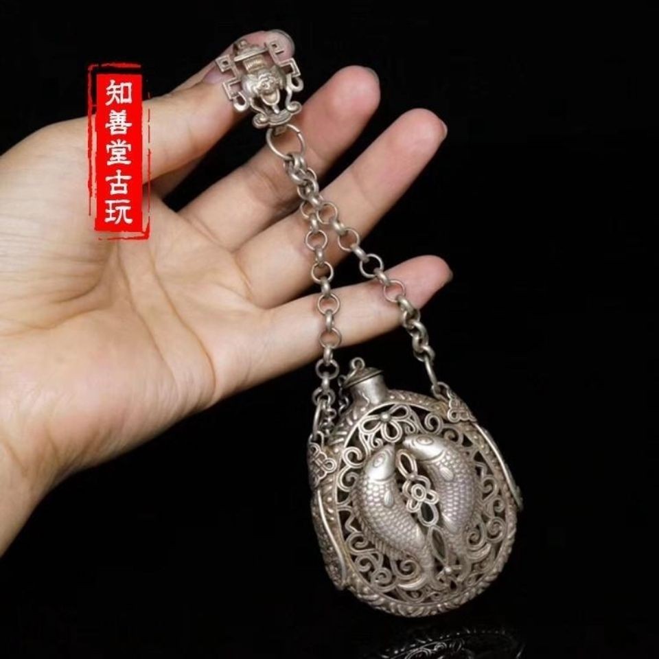 Vintage Chinese Silver Plated Copper Double Fish Openwork Incense Sachet Pendant