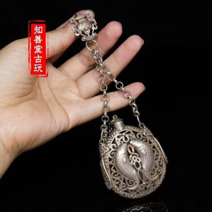 Vintage Chinese Silver Plated Copper Double Fish Openwork Incense Sachet Pendant
