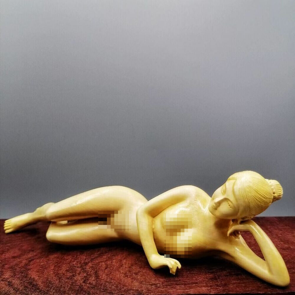 7" Chinese Boxwood Huang-yang Wood Carving Girl Statue