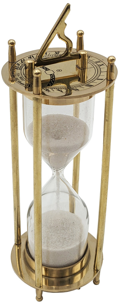 6.7" Brass 1 Minute Hourglass w/ Collapsible Sundials, Functional & Decorative
