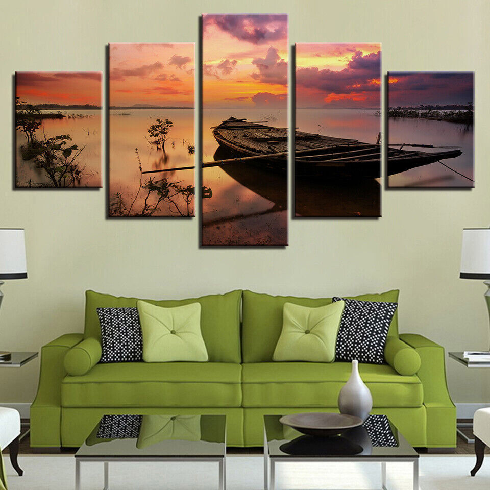 Sunset Seascape Sea Beach Boat Canvas Prints Painting Wall Art Home Decor 5PCS