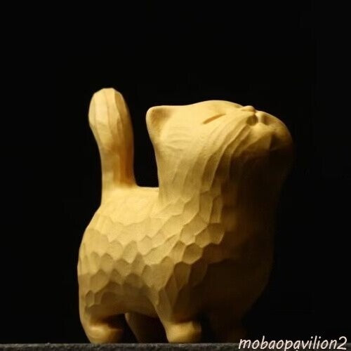 Chinese Boxwood Wood Hand Crafts Carved Cat Statue Netsuke Fengshui