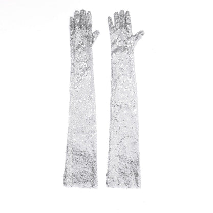 Women Gloves Vintage Shiny Sequin Finger Elbow Length Long Mittens Opera Costume