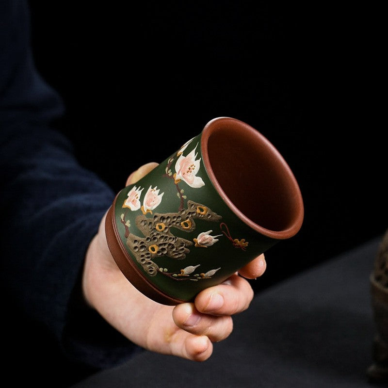 Handmade Tea Cup Real Yixing Zisha Green Clay Floral Relief Master Cup 170ml New