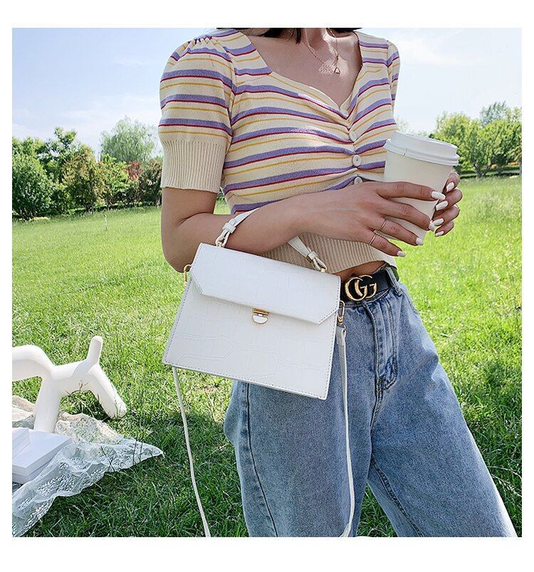Stone Patent White Crossbody Bags Small Handbag Synthetic Leather Bag 17*21*8 CM