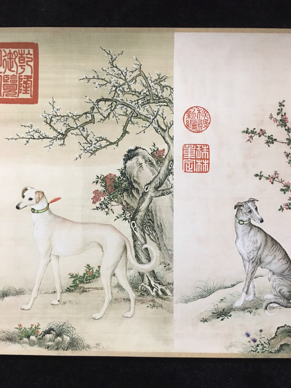 Antique boutique scroll painting, a ten dog painting by Lang Shining