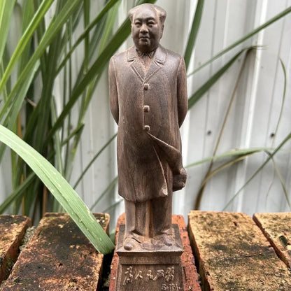 8" Natural Agarwood Carving Chinese Chairman Mao Statue Home Office Lucky Decor