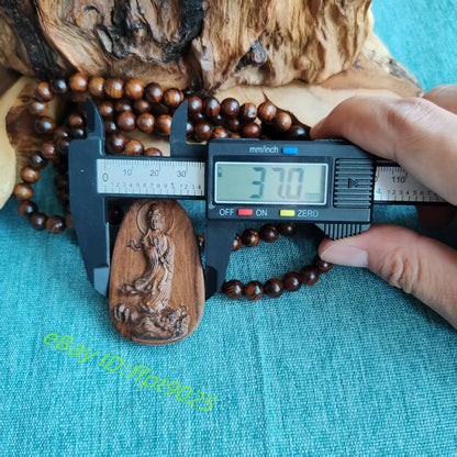 108 Natural Wood Prayer Beads Necklace Guanyin Carving Pendant Blessing Jewelry