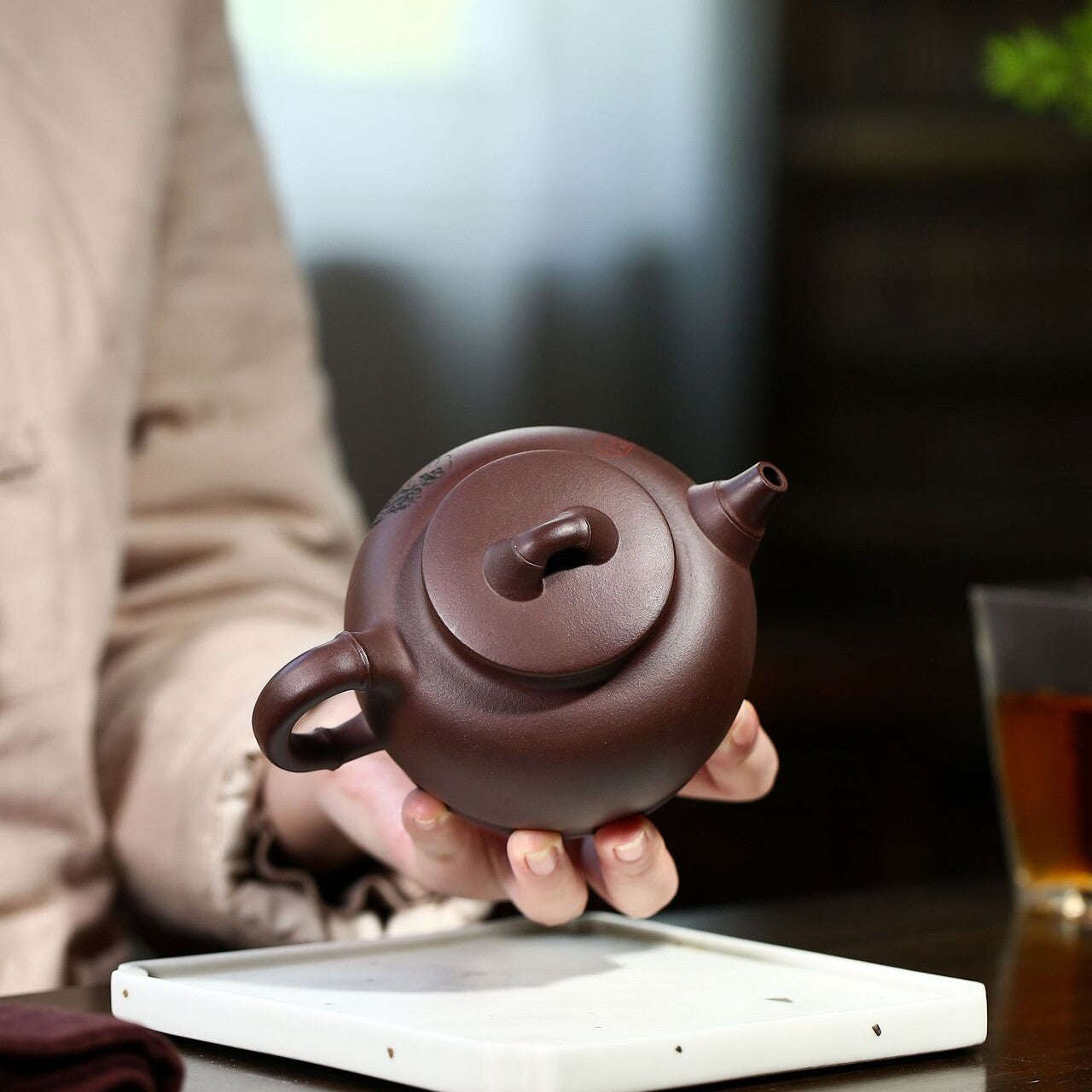 Full Handmade Carved Tea Pot Figurine Real Yixing Zisha Purple Grit Clay Pot New