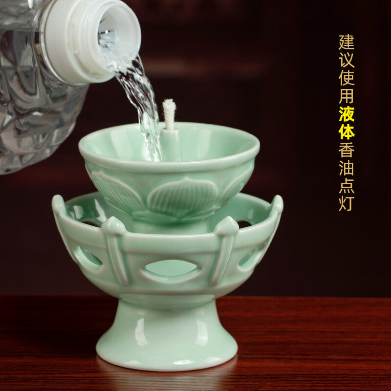 Buddhist Celadon Oil Lamp Candlestick for Buddhist Butter Lamps Decoration