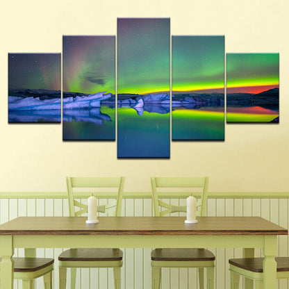 HD Prints Paintings 5 Pieces Green Aurora rainbow Lake Hill Night No Framed
