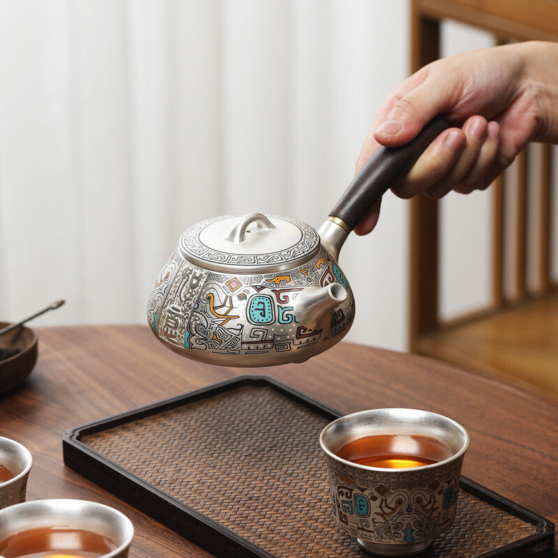 Ceramic Sterling Silver Tea Pot Handle Matching Tea Cup Chinese Kungfu Tea Set