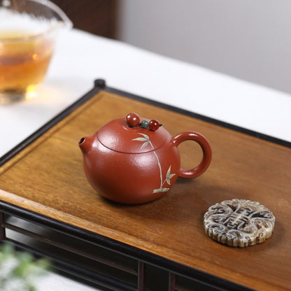 Yixing Zisha Teapot Original Zhuni Clay Xishi Pot Fully Handmade Bamboo Print
