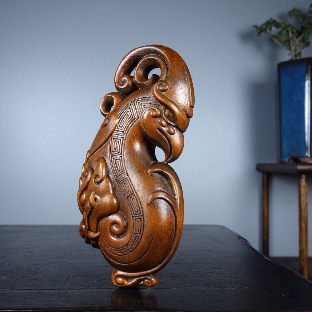 Rare Chinese Boxwood Wood Carved Exquisite Dragon Phoenix Statue Wooden Figurine