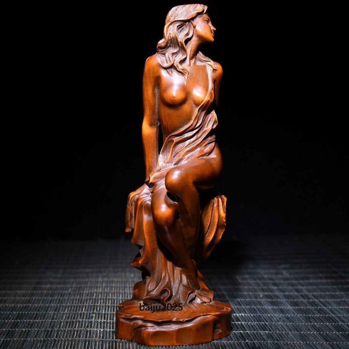 Chinese Boxwood Wood Carving Sexy Beautiful Woman Statue Wooden Sculpture Decor