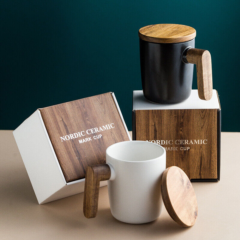 Embersceramic Nordic Ceramic Coffee Mug with Wood Handle and Premium Gift Box