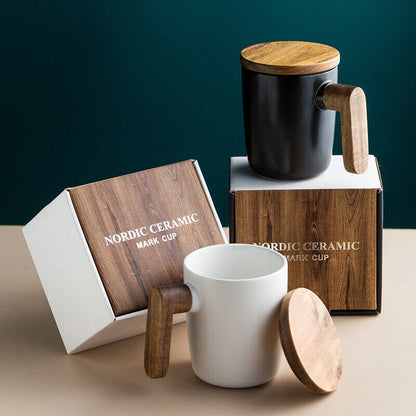 Embersceramic Nordic Ceramic Coffee Mug with Wood Handle and Premium Gift Box