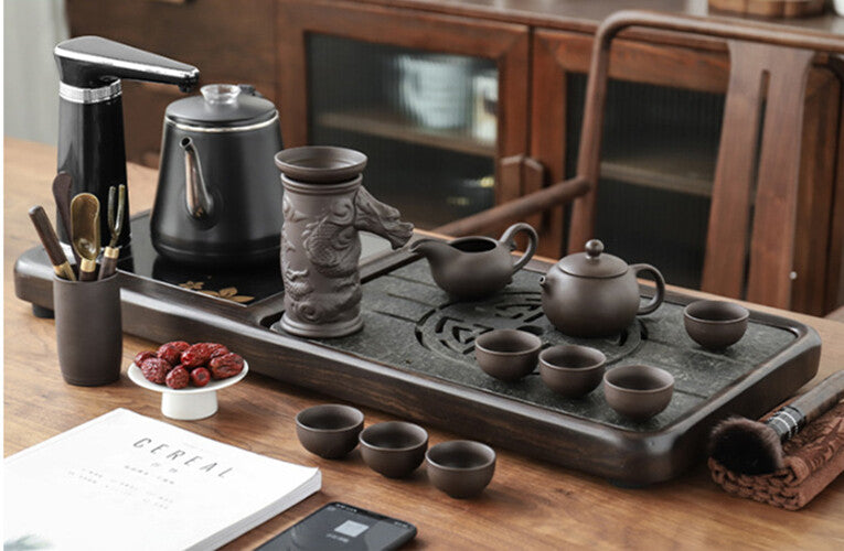 Classical Chadao Tea Accessories 6pcs Porcelain Vase Ebony Wood Cup Holder Spoon