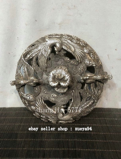 9" Old Chinese Dynasty Bronze Silver Dragon Phoenix Beast Incense Burner Censer