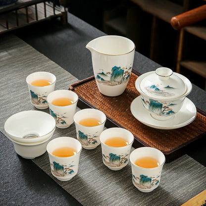 Chinese Tea Set Fat Mutton Jade Porcelain Gaiwan Pitcher Tea Cup Mountain Print