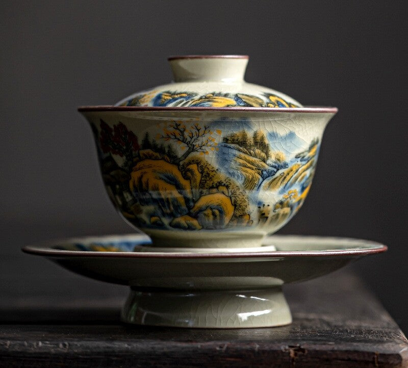 150ml handmade gaiwan crackle glaze porcelain tureen handpainted bowl saucer lid
